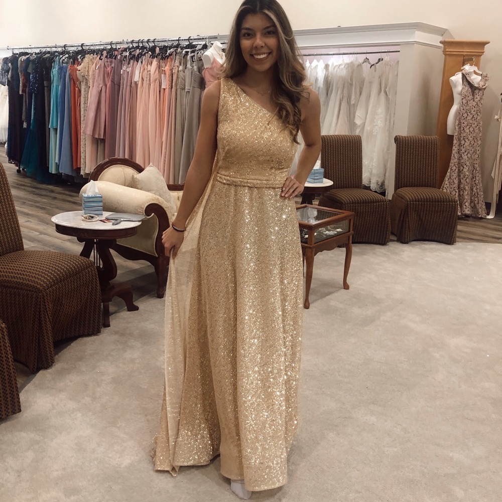 Gold one shoulder Ellie wilde pageant/ prom dress